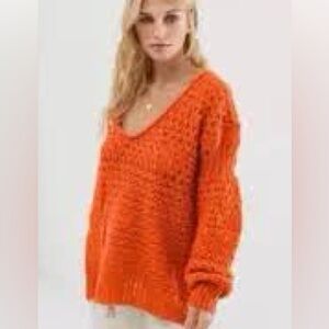 Free People Crashing Waves Sweater Chunky Knit Deep V Neckline Oversized Slouchy